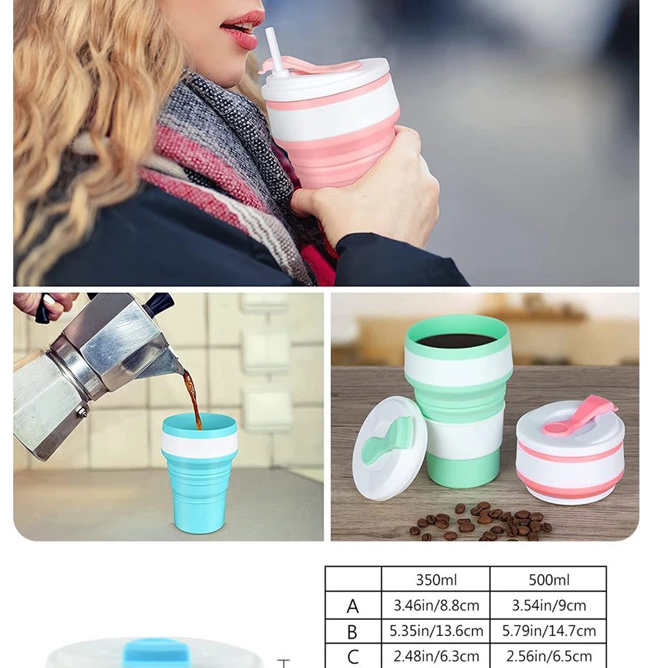 12 Oz Reusable Silicone Collapsible Cups with Lid for Camping 350ml 500ml Portable Folding Coffee Cups for Travel